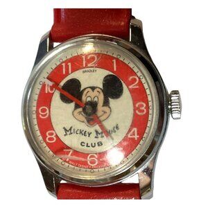 Vtg Mickey Mouse Club Watch With Red Strap Bradley Swiss Made Repairs Or Parts